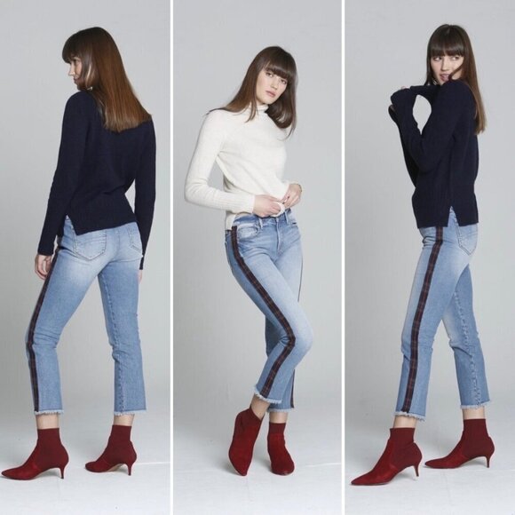 Driftwood Colette Straight Crop Fray Hem Plaid tuxedo stripe Jeans Denim Size 26 - Picture 2 of 9